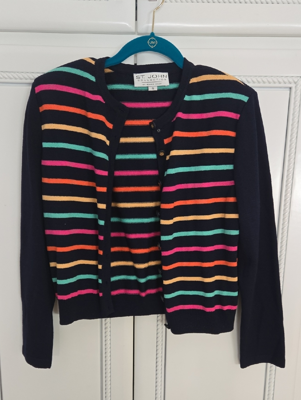 St. John Navy Striped Crewneck Cardigan with Bright Multicolor Bands